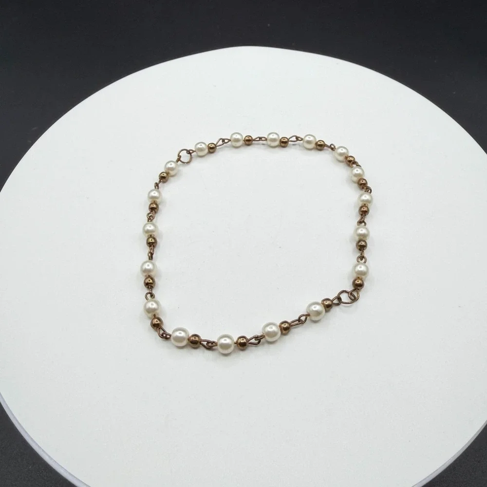 Faux Pearl Bronze Tone Link Chain Bracelet Coquette Romantic Boho Jewelry Gift